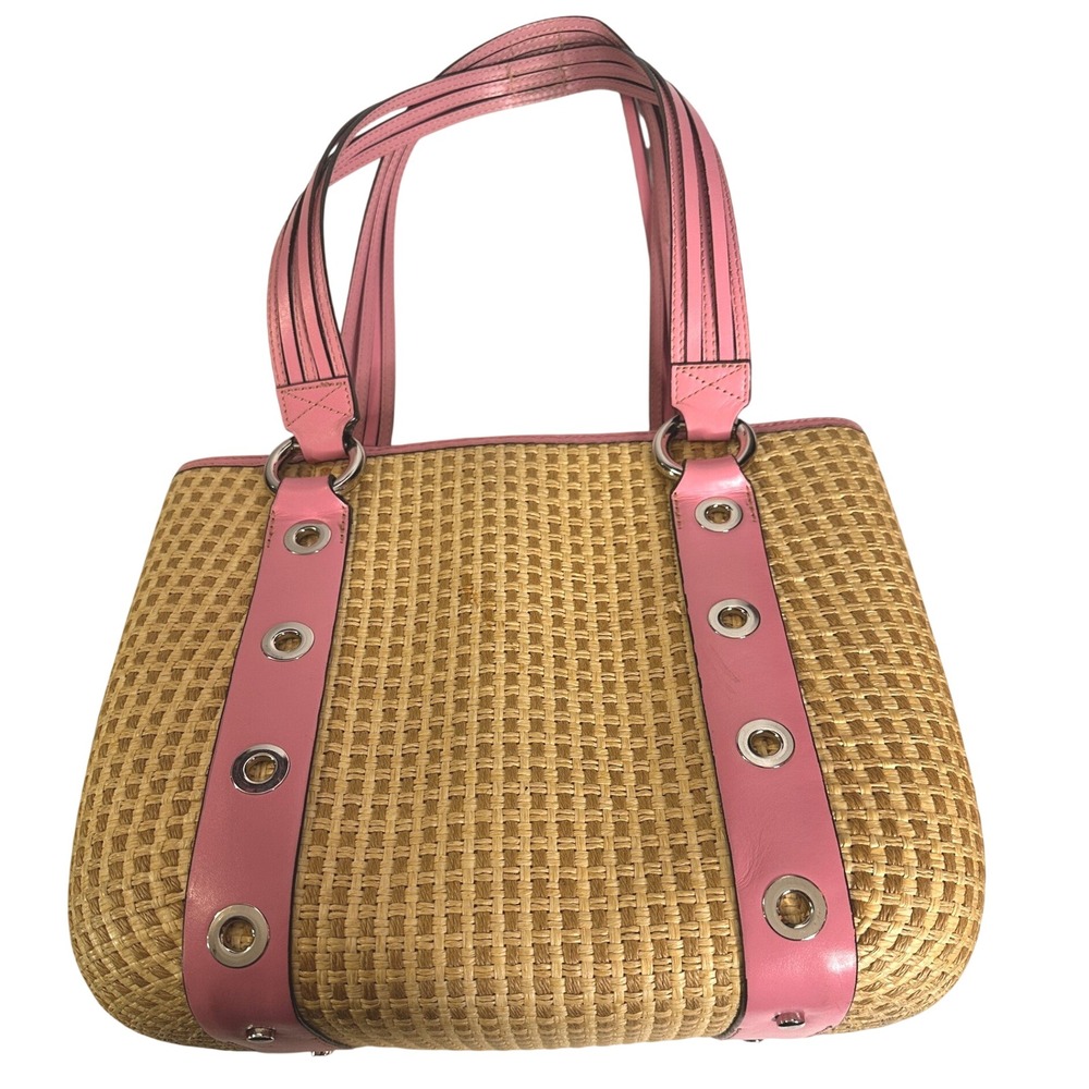 MAXX NEW YORK Pink Straw Leather Trim Grommet Tote Bag Summer‎ Beach Shoulder